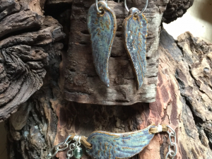 Ceramic angel wing bracelet and earring set